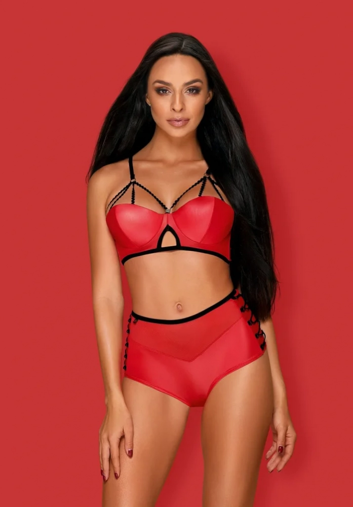 Комплект "Obsessive Leatheria" лиф-бра и высокие трусики, красный, S/M 